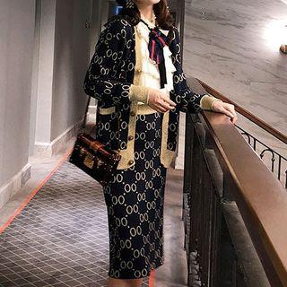 Set: Patterned Cardigan + Straight-fit Midi Knit Skirt