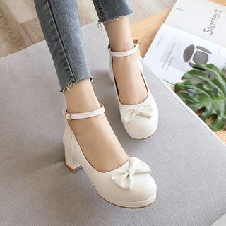Ankle Strap Bow Block-heel Pumps