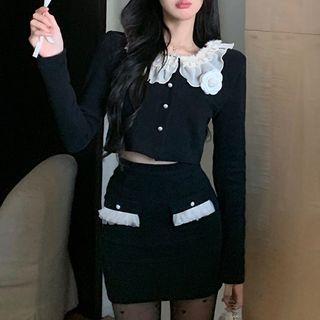 Lace Trim Cropped Cardigan / Mini Pencil Skirt
