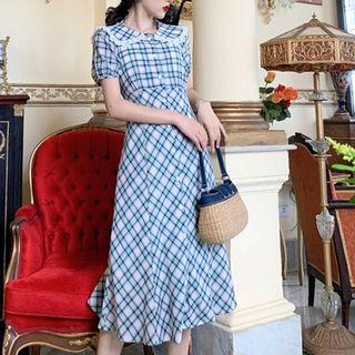 Plaid Short-sleeve Midi A-line Dress Plaid - Light Blue & White - One Size