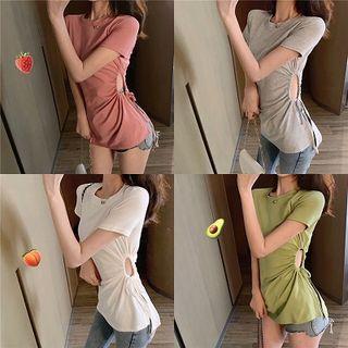 Plain Crewneck Drawcord Slim-fit Short-sleeve Top