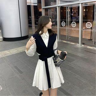 Long-sleeve A-line Shirtdress / Cropped Vest / Set