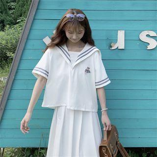 Sailor-collar Printed Top + Pleated Midi Skirt