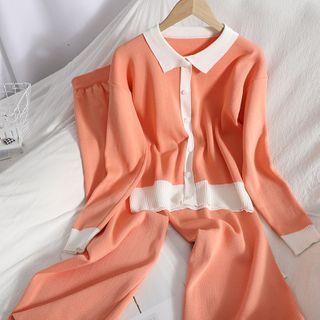Set: Two Tone Collared Cardigan + Knit Wide-leg Pants