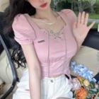 Puff-sleeve Chained Crop T-shirt