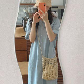 Elbow-sleeve Midi Shift Shirtdress Sky Blue - One Size