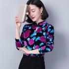 Long-sleeve Rose Print Frog-button Top