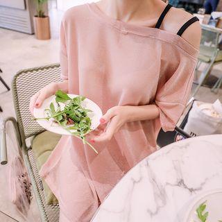 Elbow-sleeve Glitter Mini T-shirt Dress