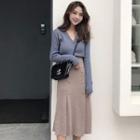 Set: Plain Cardigan + A-line Midi Knit Skirt