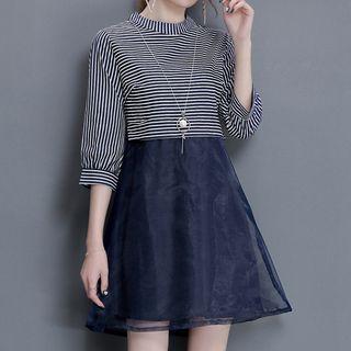 Stripe Panel 3/4-sleeve A-line Dress