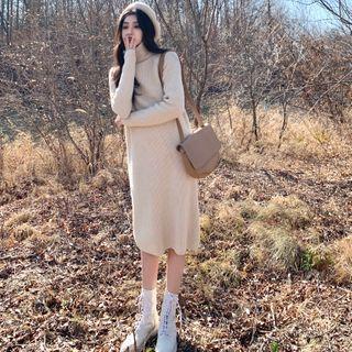 Mock-neck Plain Knit Dress