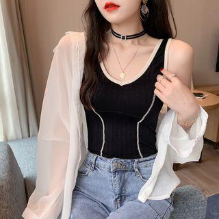 Sleeveless V-neck Contrast Trim Knit Top Black - One Size