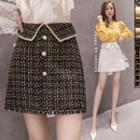 High-waist Frayed Contrast Trim Tweed Skirt