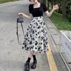 Short-sleeve Square-neck Mock Two-piece Floral A-line Dress