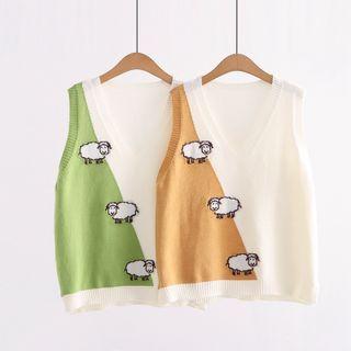 Sheep Embroidered Color Block Knit Vest
