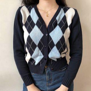 V-neck Argyle Cropped Cardigan Navy Blue - One Size