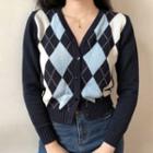 V-neck Argyle Cropped Cardigan Navy Blue - One Size