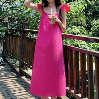 Spaghetti-strap Ruffled Midi A-line Dress / Elbow-sleeve T-shirt