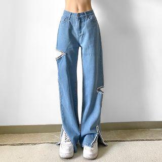 Faux Pearl Cutout Baggy Jeans