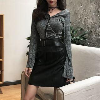 Long-sleeve Glitter Top / Faux Leather Mini A-line Skirt