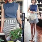 Set: Plain Sleeveless Knit Top + Stripe Mini A-line Skirt