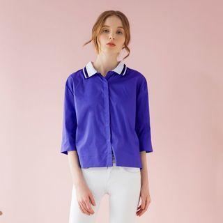 Elbow-sleeve Striped-collar Blouse