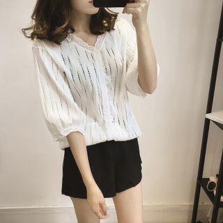 Eyelet Lace Trim Elbow-sleeve Blouse
