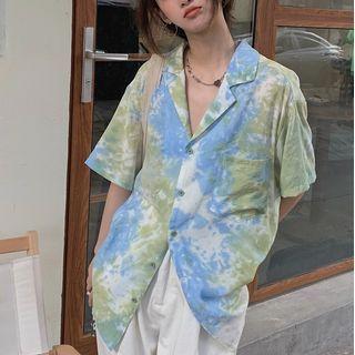 Short-sleeve Tie Dye Shirt Tie Dye - Bluish Green - One Size