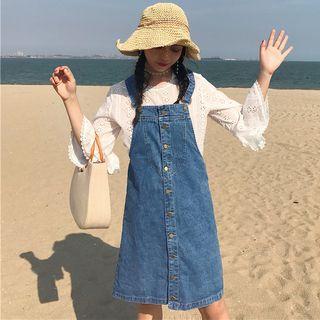 Eyelet Lace 3/4-sleeve Top / Buttoned Denim Pinafore Dress