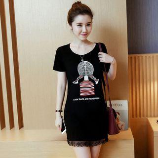 Cartoon Print Lace Hem Short Sleeve T-shirt Dress