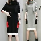 Set: Color Block Long-sleeve Knit Dress + Plain Scarf