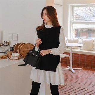 Set: Slit-side Knit Vest + Frill-neck Tiered Dress