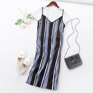 Set: Short-sleeve T-shirt + Spaghetti Strap Striped Midi Dress