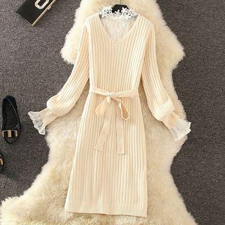 Set: Long-sleeve Knit A-line Midi Dress + Lace Top