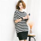 Set: Round-neck Stripe T-shirt + Drawstring-waist Skirt