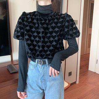 Heart Print Puff-sleeve Top / Plain Long-sleeve T-shirt