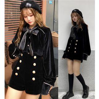 Tie-neck Velvet Blouse / High-waist Shorts