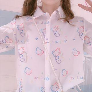 Cartoon Bear Print Long-sleeve Shirt White - One Size