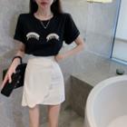 Short-sleeve Fringed T-shirt / Mini A-line Skirt