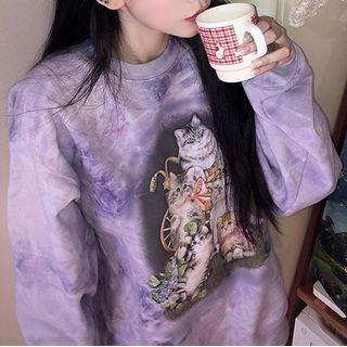 Cartoon Cat Tie-dye Print Pullover