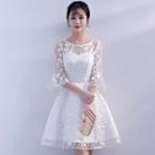 Lace Layering Elbow-sleeve A-line Cocktail Dress