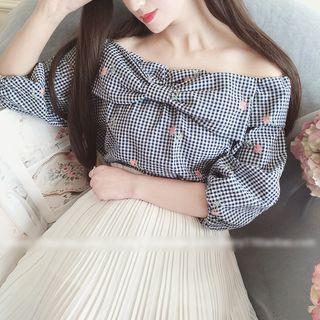 Floral Embroidered Gingham Off-shoulder Blouse