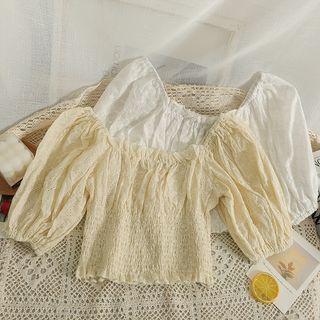 Eyelet Off-shoulder Smocked Crop Top
