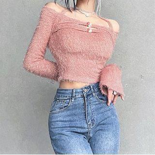 Long-sleeve Cold-shoulder Fluffy T-shirt