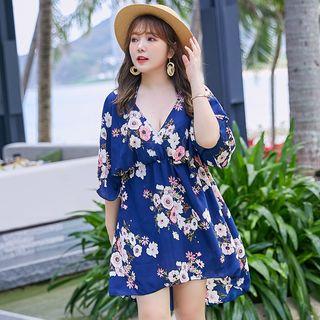 Set: Floral Bikini + Short-sleeve Swim Dress