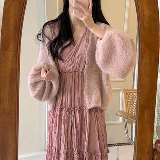 Lantern-sleeve Cardigan / V-neck Midi Dress