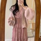 Lantern-sleeve Cardigan / V-neck Midi Dress