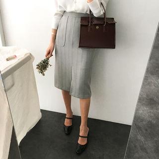 Slit-front Herringbone Midi Skirt