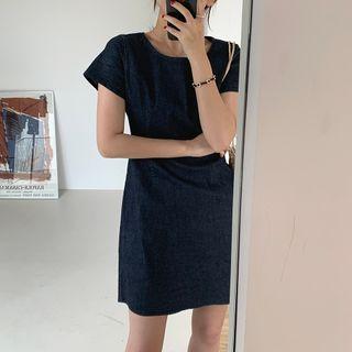 Plain Short-sleeve Slim-fit Denim Dress