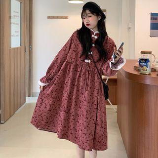 Floral Long-sleeve Midi A-line Dress / Turtleneck Long-sleeve Top